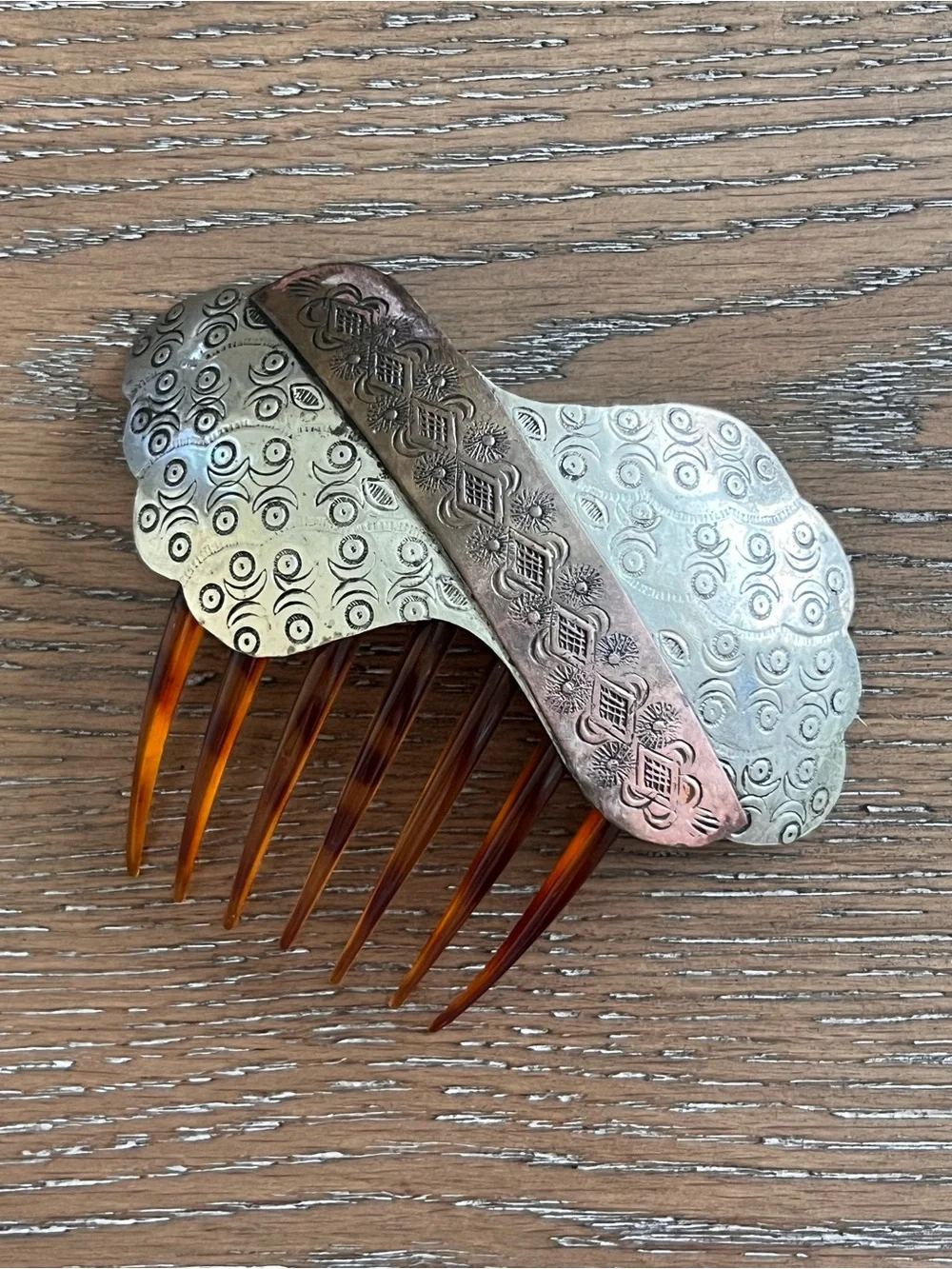 Decorative Silver Tone Metal Hair Comb with Amber Teeth Made in Italy